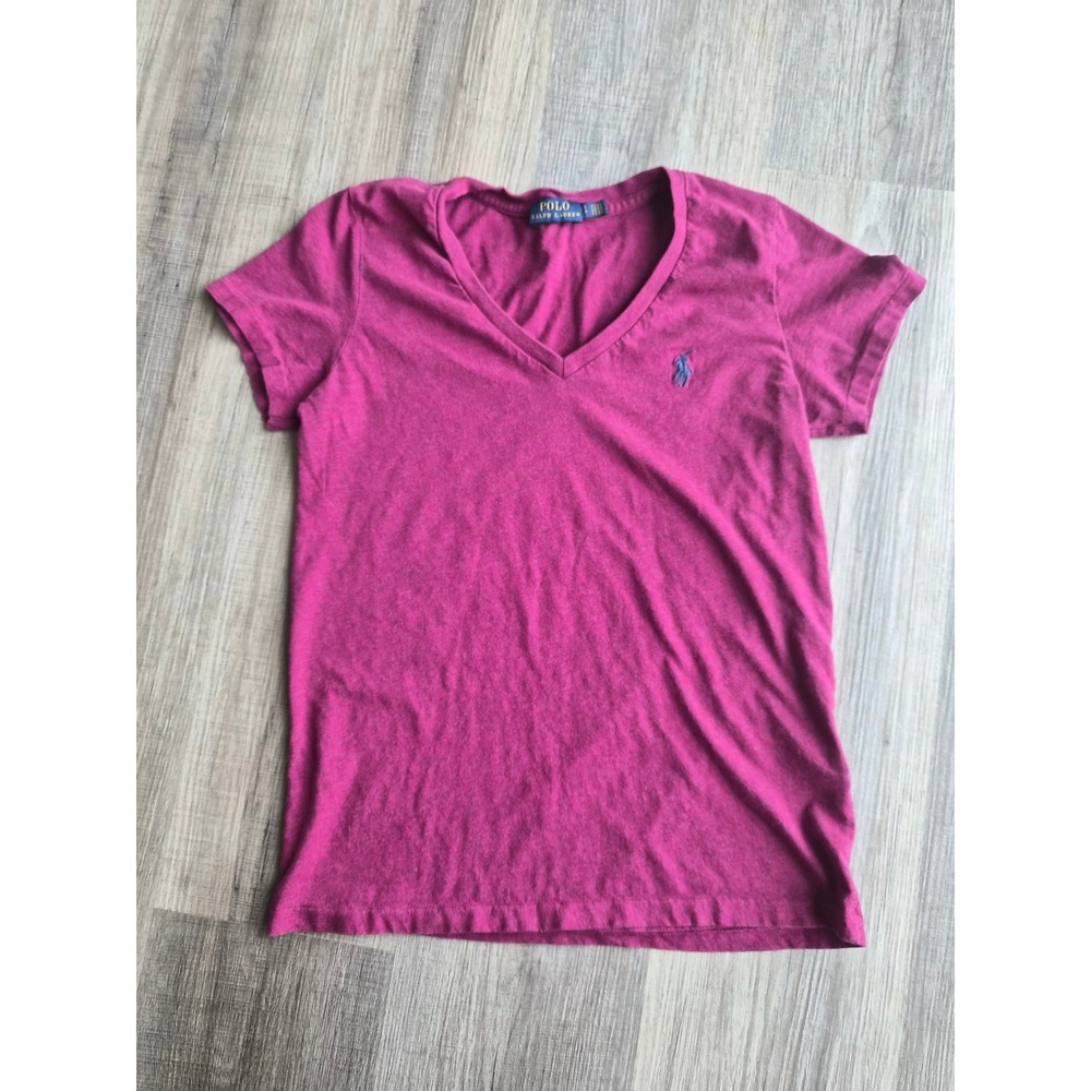 Polo Ralph Lauren Women's Small Magenta Pink V-Neck T-Shirt Blue Pony